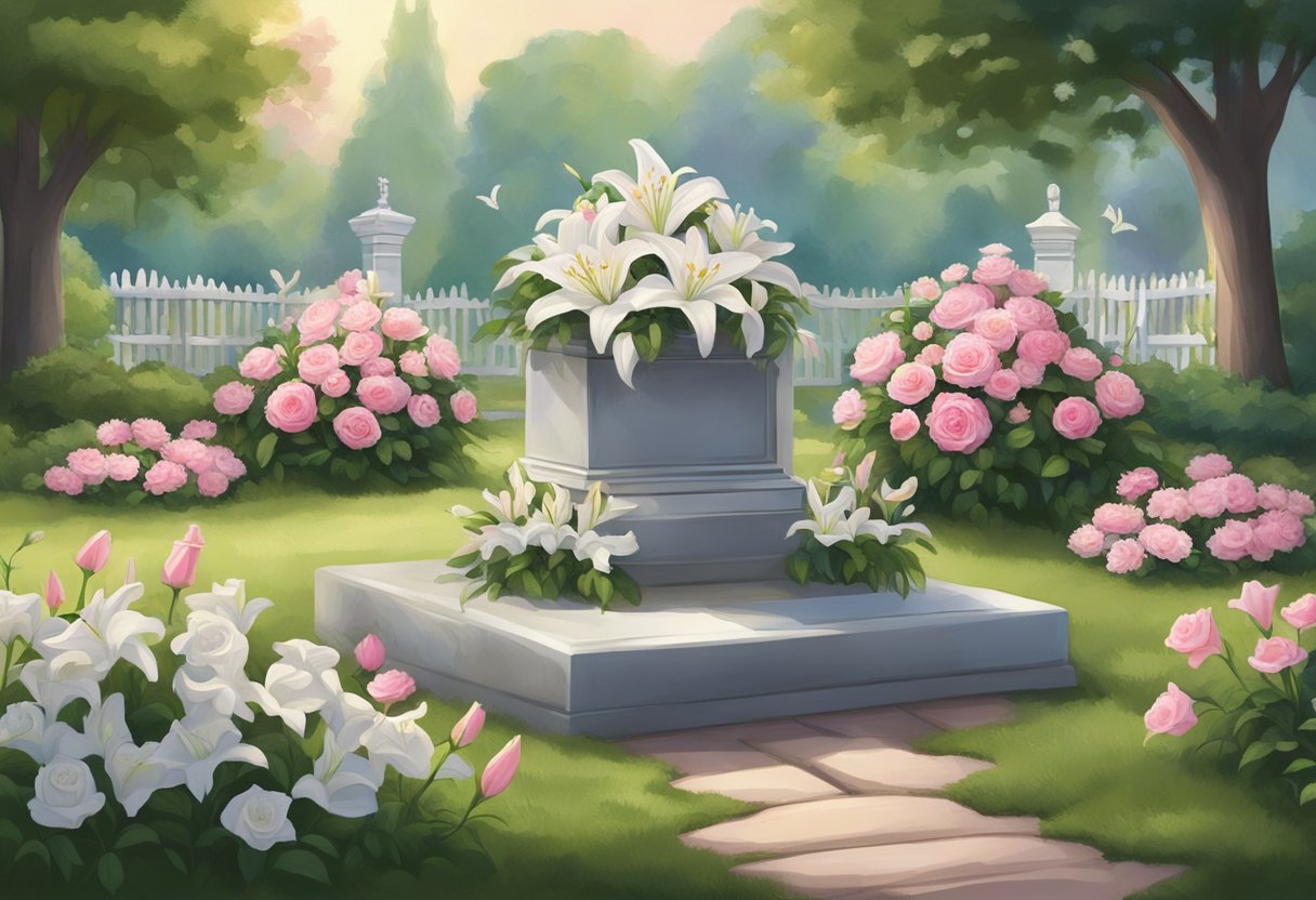 A grave adorned with fresh white lilies and pink roses, surrounded by a peaceful garden with colorful blooms