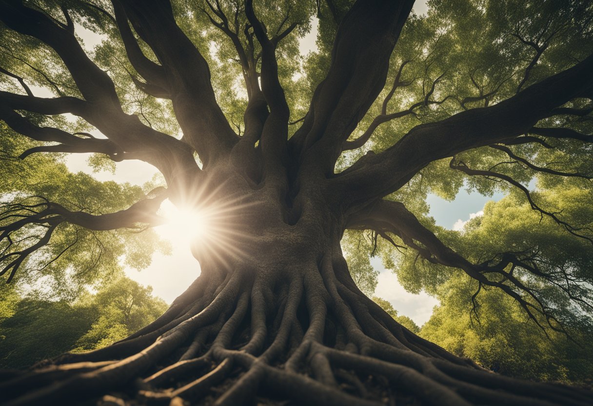 A tree grows tall and strong, reaching towards the sunlight. Its roots dig deep into the earth, symbolizing the power of self-improvement and unlocking one's full potential