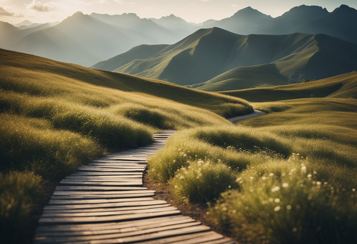 A serene landscape with a winding path leading to a distant mountain peak, symbolizing the journey towards personal growth and self-improvement