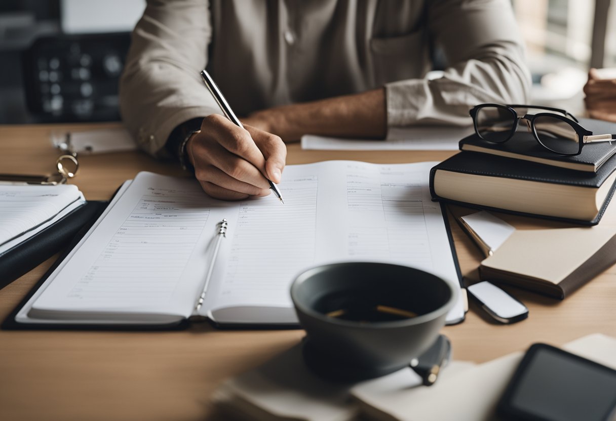 A person sitting at a desk, surrounded by books and a planner, with a clock on the wall. The person is writing in the planner, with a determined and focused expression