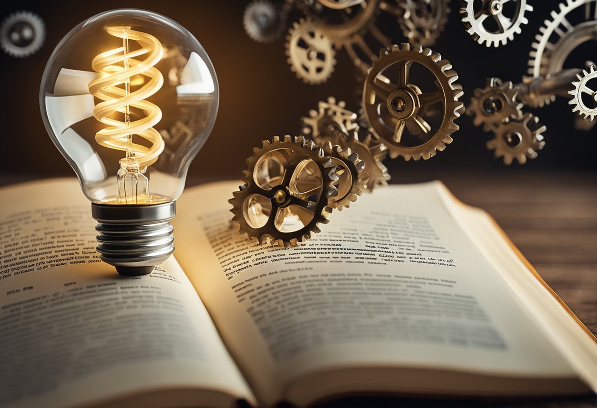 A bright light bulb illuminates a book, surrounded by gears and arrows symbolizing growth and progress