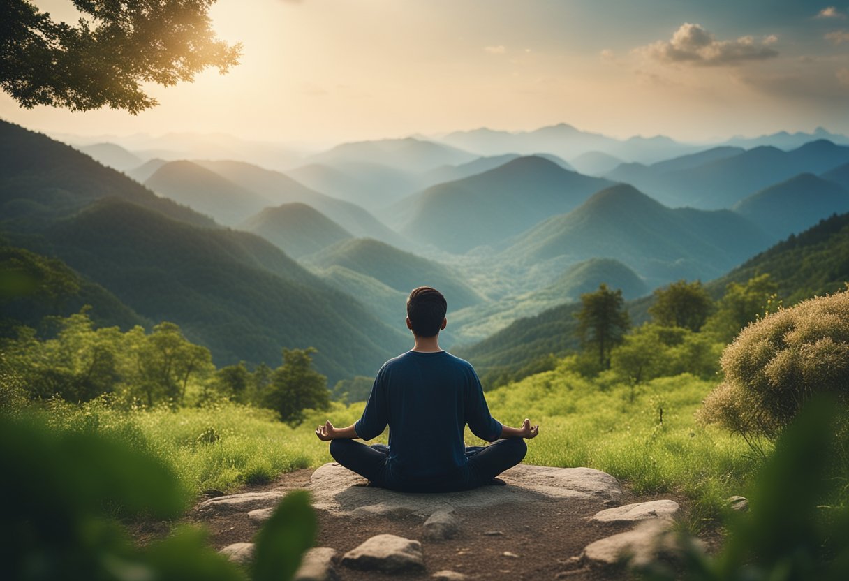 A serene landscape with a person meditating in a peaceful setting, surrounded by nature and symbols of growth and improvement