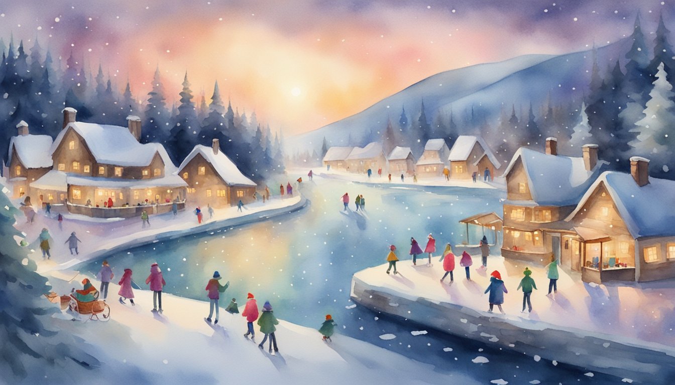 A snowy village with festive lights and decorations, people ice skating on a frozen pond, and a cozy cabin with smoke billowing from the chimney