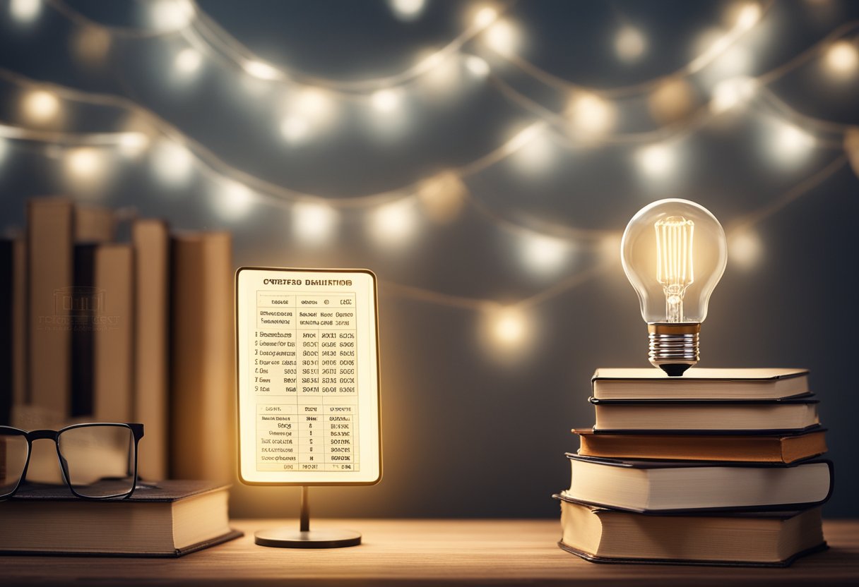 A bright light bulb shining above a stack of books, a mirror reflecting a confident smile, a progress chart with upward trend, a checklist with completed tasks, and a motivational quote on the wall