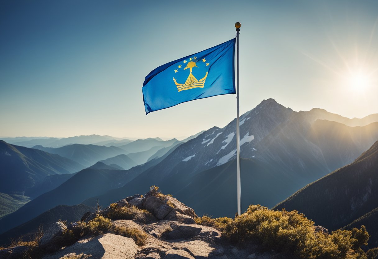 A mountain peak with a flag planted at the top, symbolizing accomplishment and success. The sun is shining, and there are clear blue skies, representing positivity and confidence