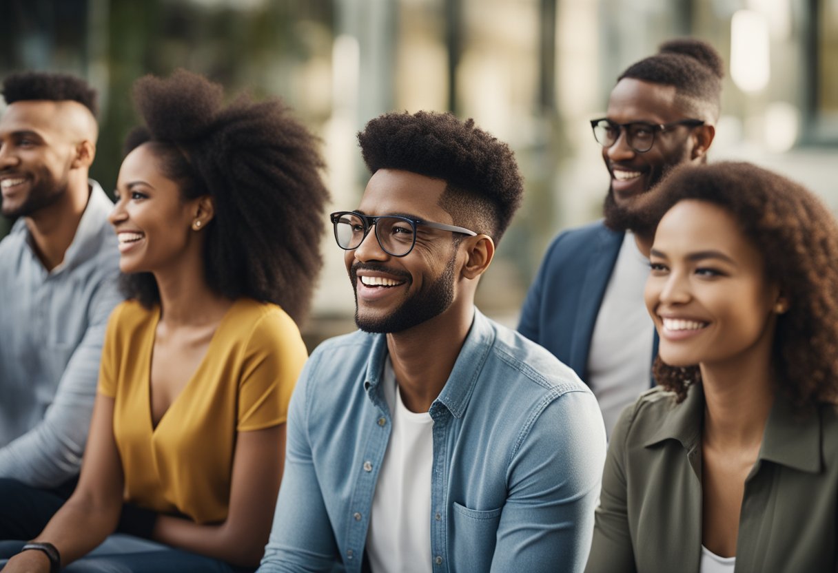 A group of diverse people engage in confident communication, using open body language and smiling faces. They are actively listening and responding positively to each other