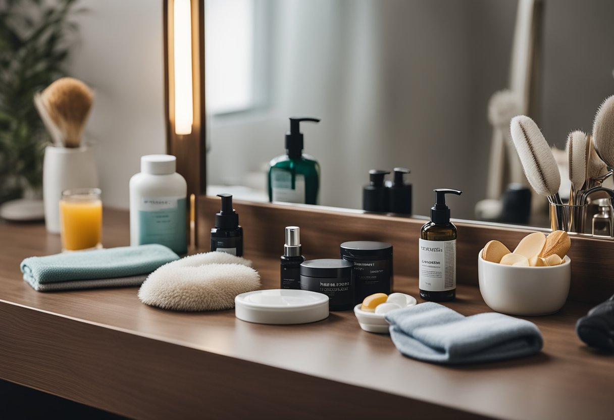 A neatly organized bathroom counter with grooming products and a mirror, a well-made bed with a neatly folded outfit, a healthy breakfast on a table, a workout outfit and shoes ready to go, and a positive affirmation poster on the wall