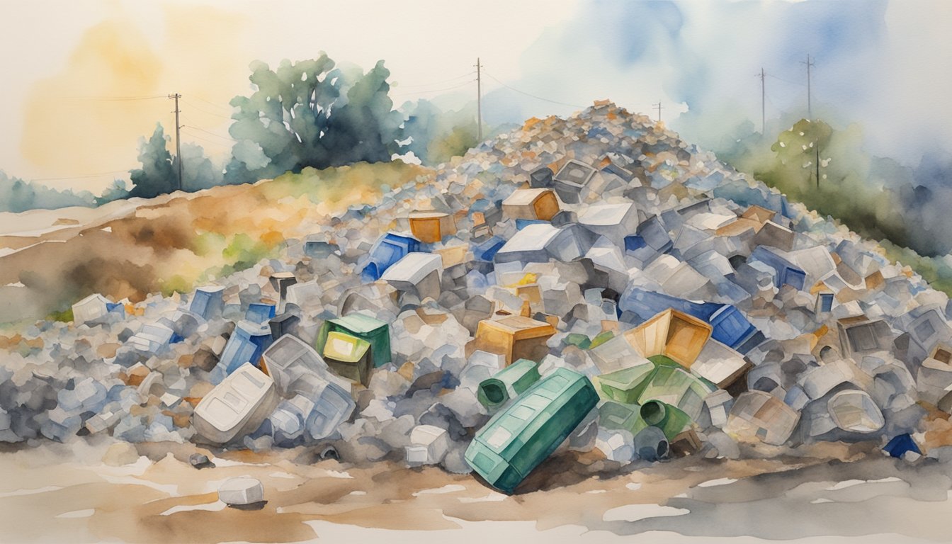 A pile of mixed recyclables sits next to overflowing landfill, highlighting the discrepancy in materials and environmental impact