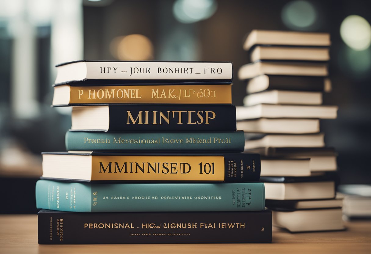 A pile of self-help books stacked neatly on a desk, with titles like "Mindset Makeover" and "Personal Growth 101" prominently displayed
