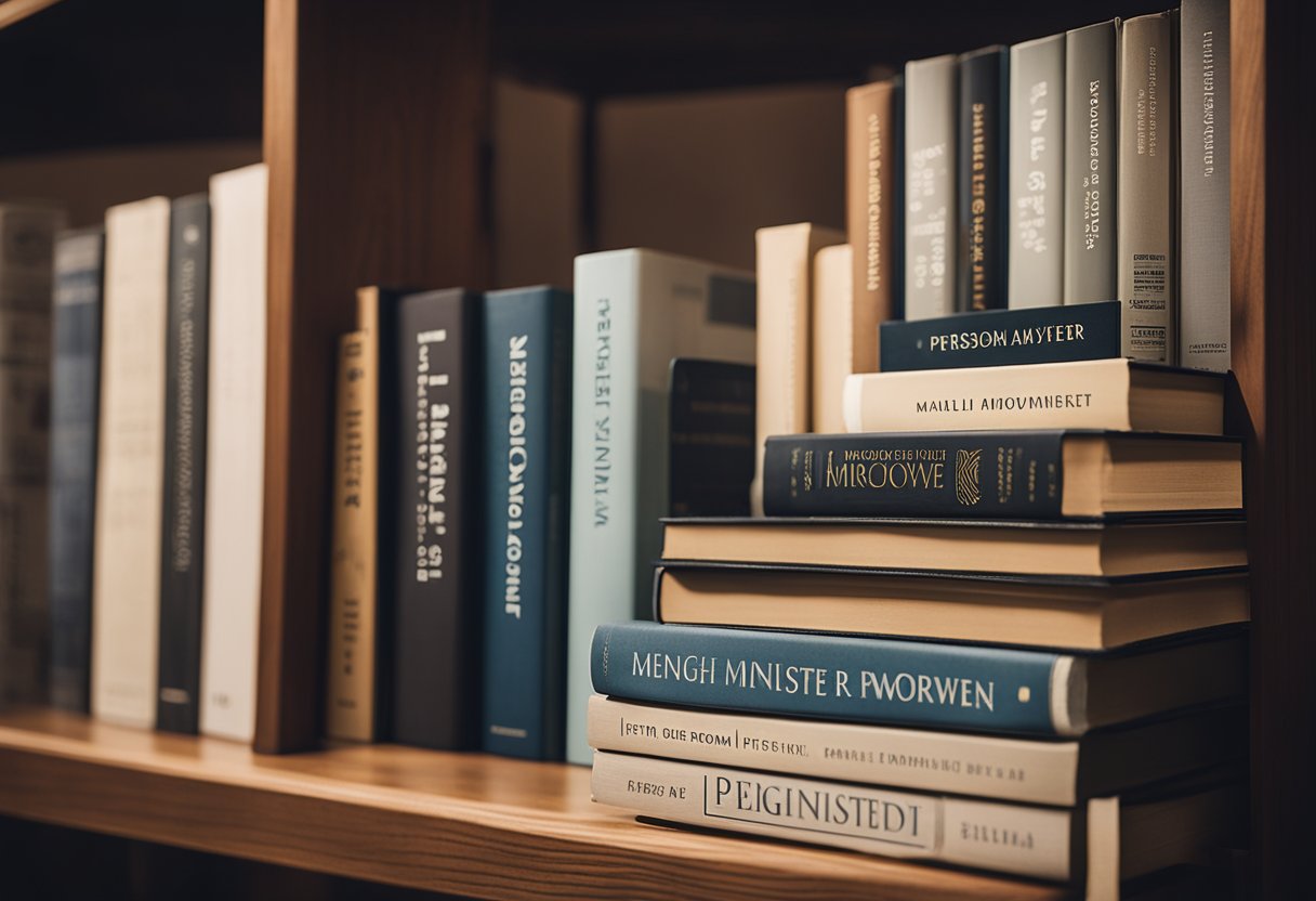 A stack of self-improvement books, neatly arranged on a wooden shelf, with titles like "Mindset Makeover" and "Personal Growth Power."