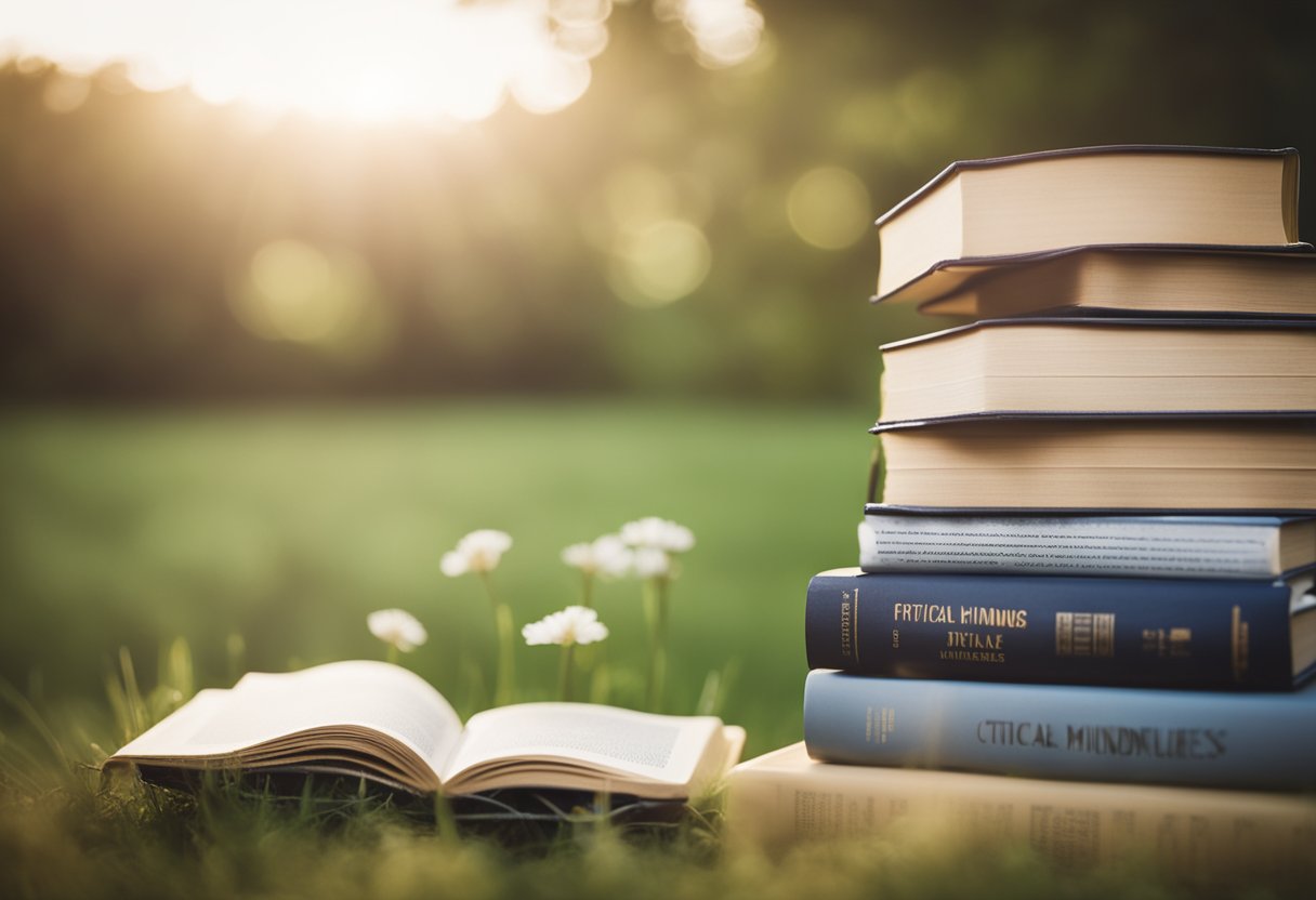 A stack of books with titles on critical thinking and mindfulness, surrounded by a peaceful and serene environment