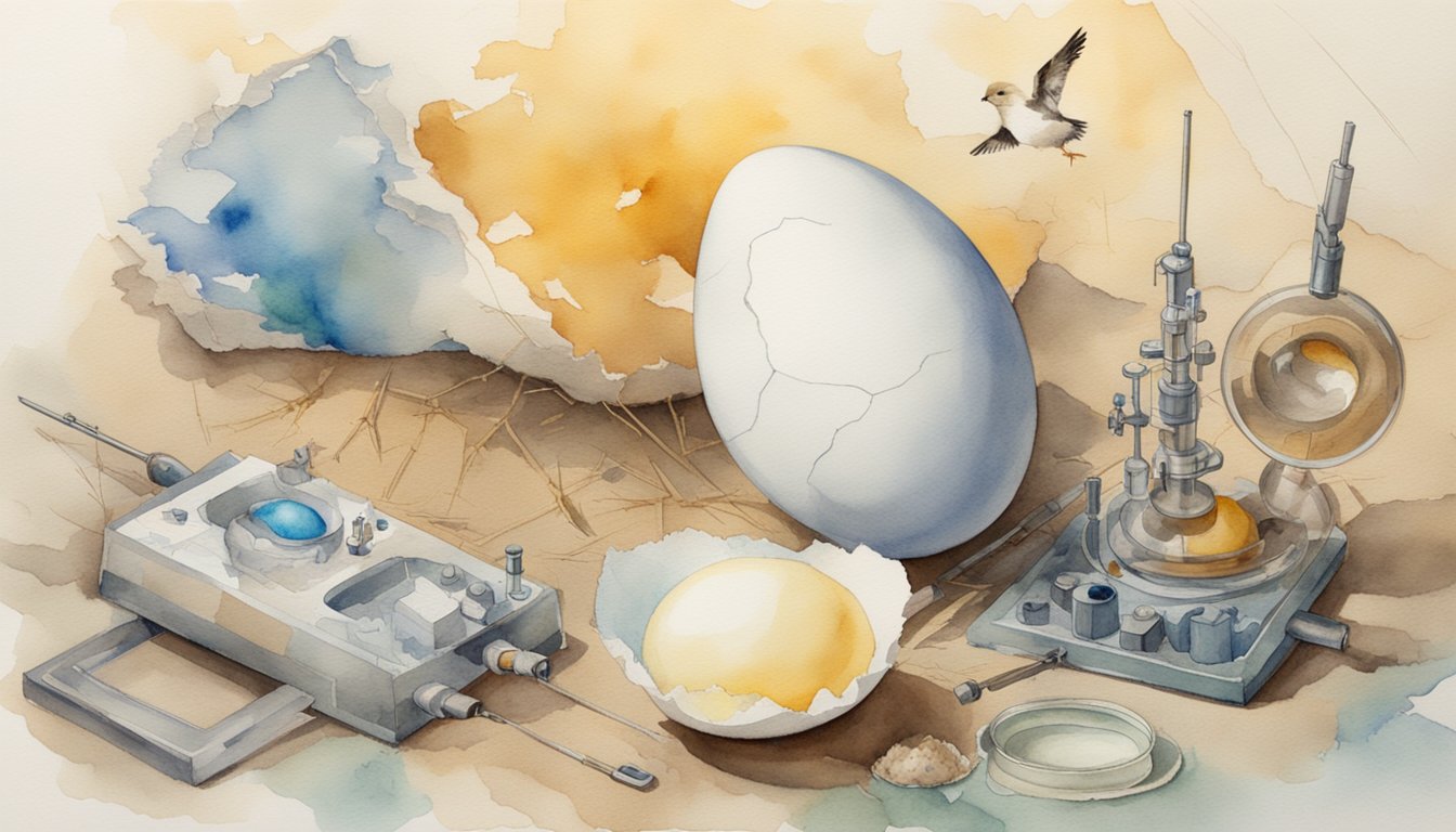 A cracked eggshell beside a newly hatched chick, surrounded by scientific equipment and diagrams of avian development