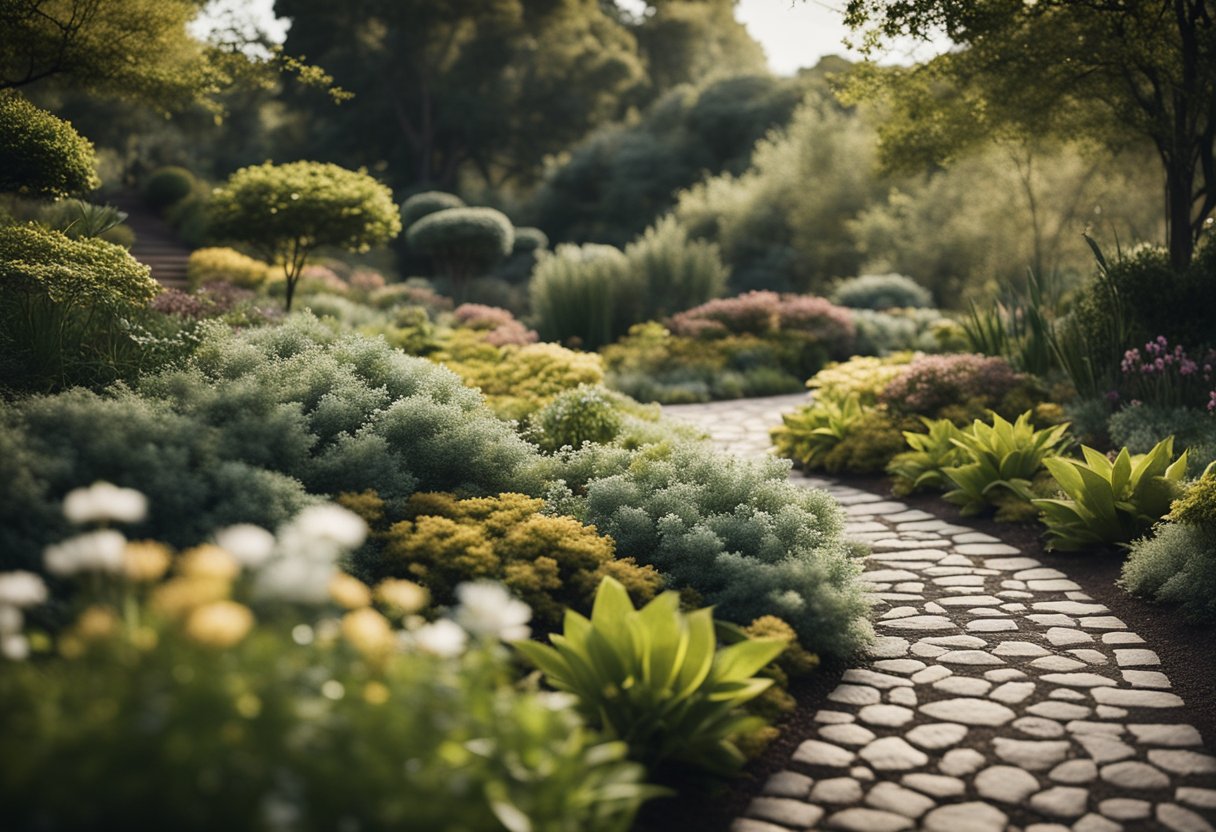 A winding path leading from a dark, rocky terrain to a bright, flourishing garden symbolizes the journey of self-improvement