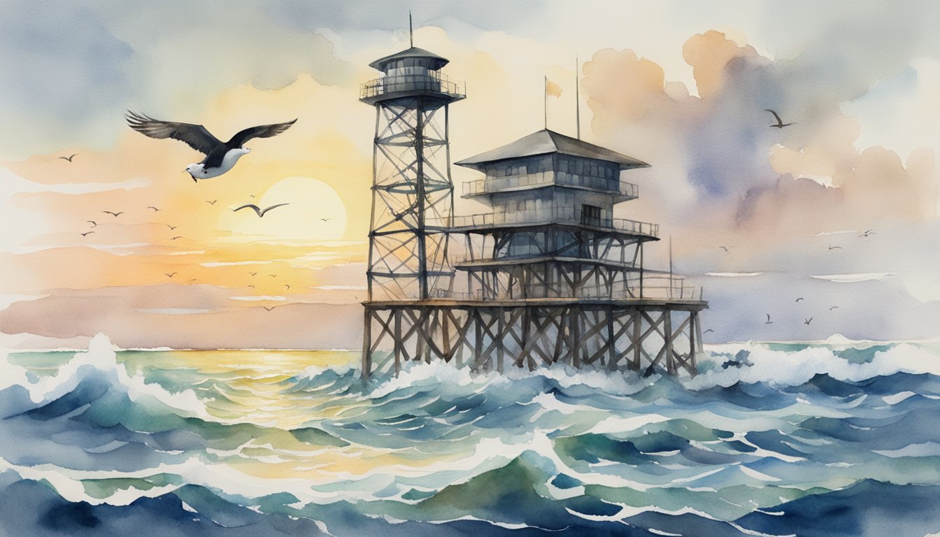 The Frying Pan Tower rises from the ocean, surrounded by shoals.</p><p>Waves crash against its weathered structure, as seabirds circle above