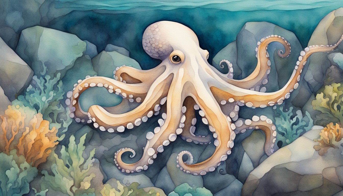 An octopus extends its tentacles to solve a puzzle, while another octopus camouflages itself among the rocks