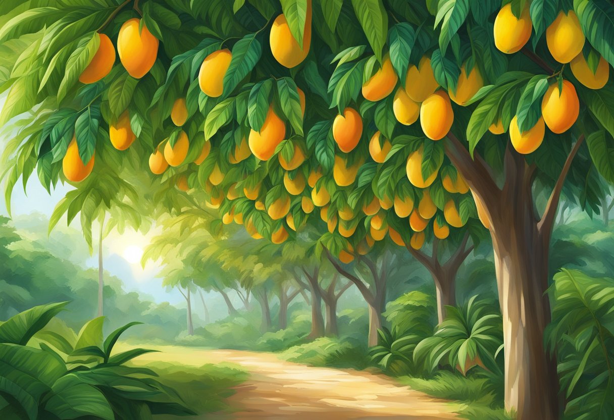 Mangoes grow in tropical zones with lush green foliage, tall palm trees, and vibrant sunlight filtering through the canopy