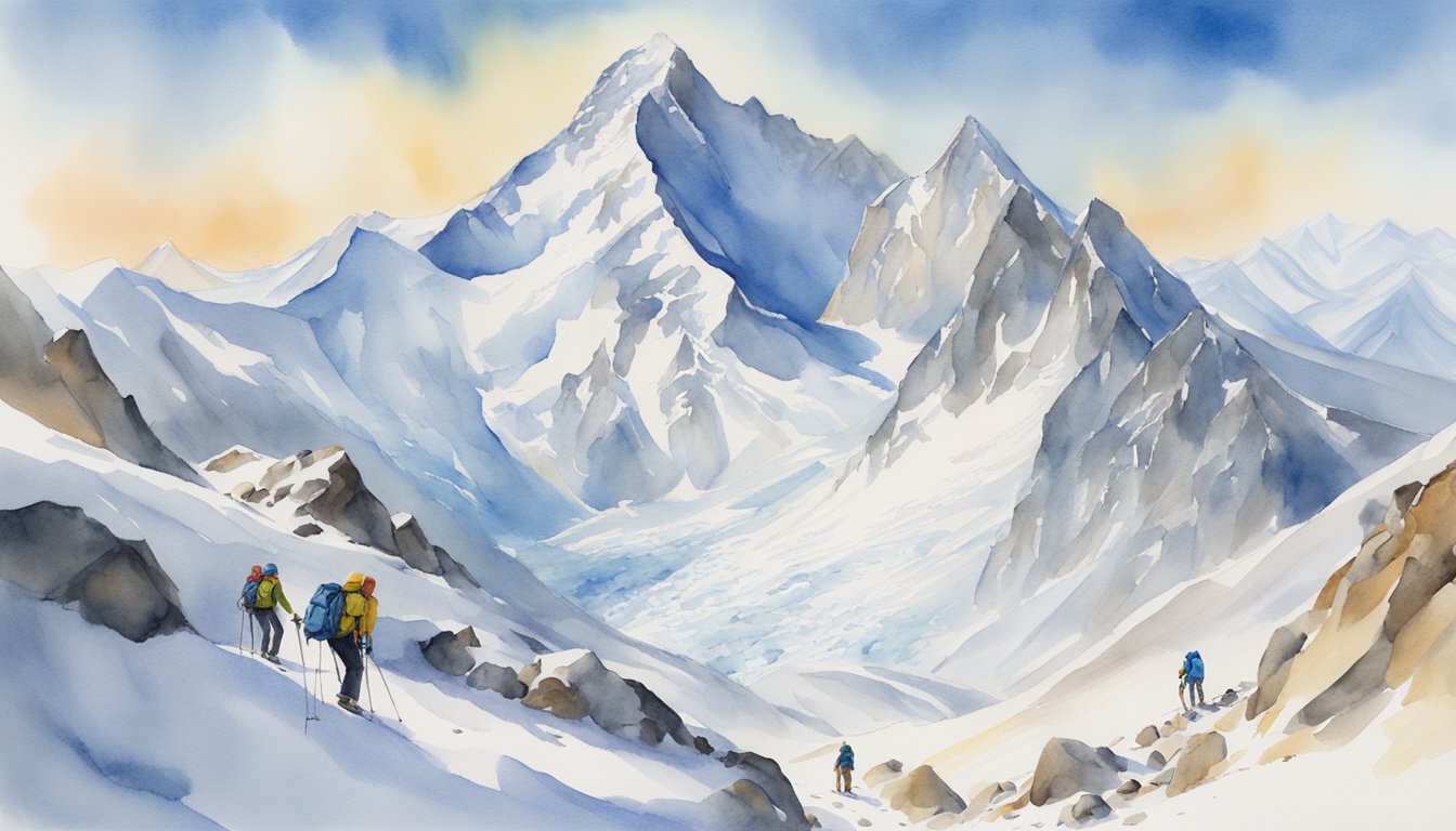 A snow-covered mountain with a clear blue sky, a trail of climbers ascending towards the peak, and essential climbing gear scattered around the base camp