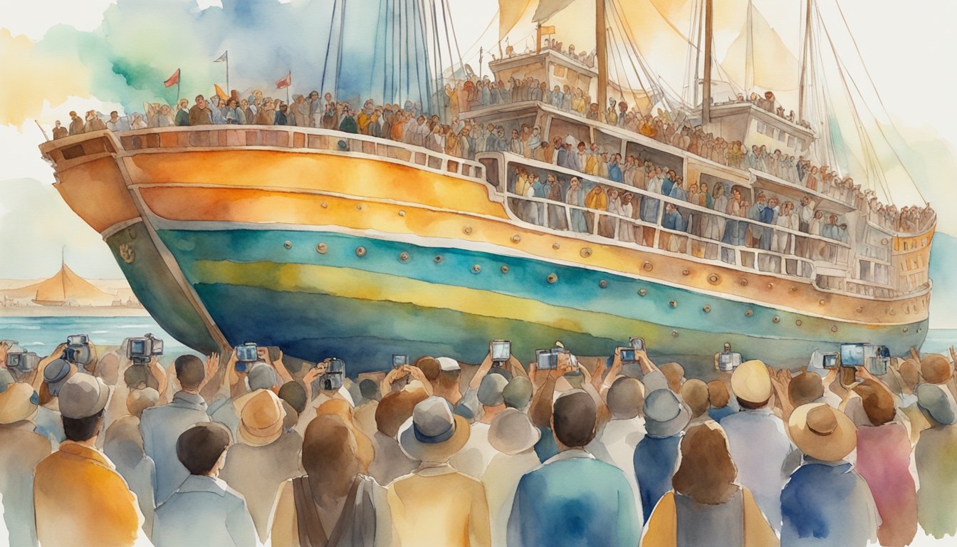 The Demeter ship sails through a sea of vibrant colors, surrounded by a crowd of diverse people and media cameras capturing the cultural impact