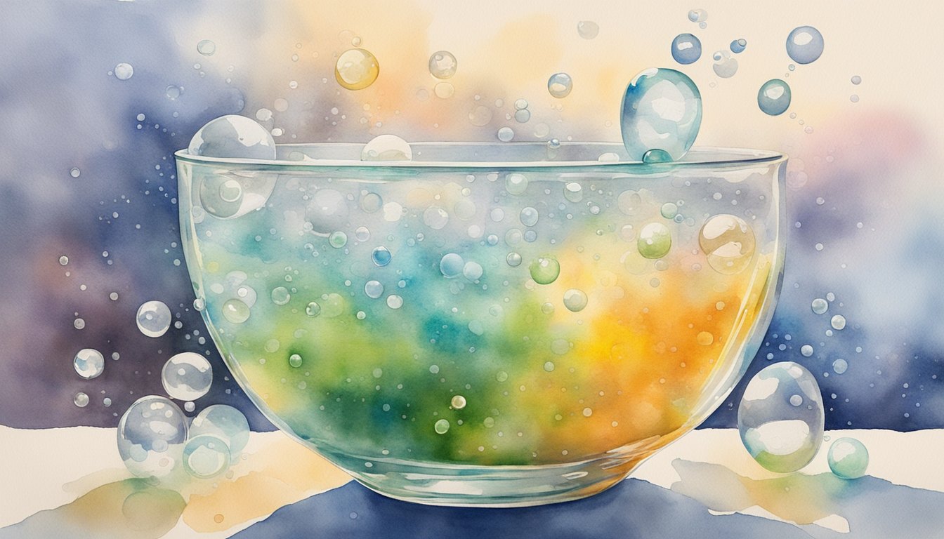 Baking soda and vinegar react in a clear glass bowl, creating fizz and bubbles