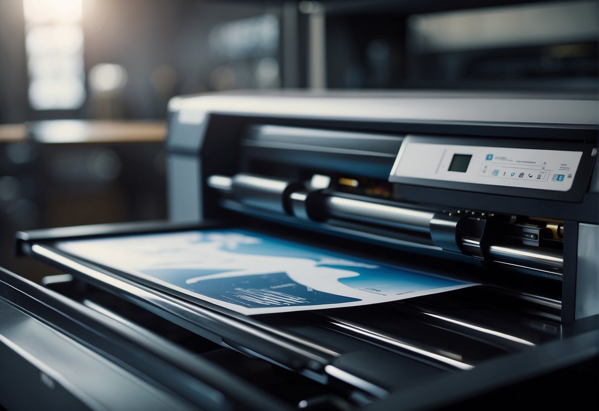 A printer ejects paper with ink marks, while a digital file is sent to the machine