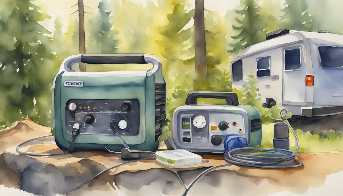 A portable generator hums in a quiet outdoor setting, surrounded by camping gear and a power cord plugged into an electrical device