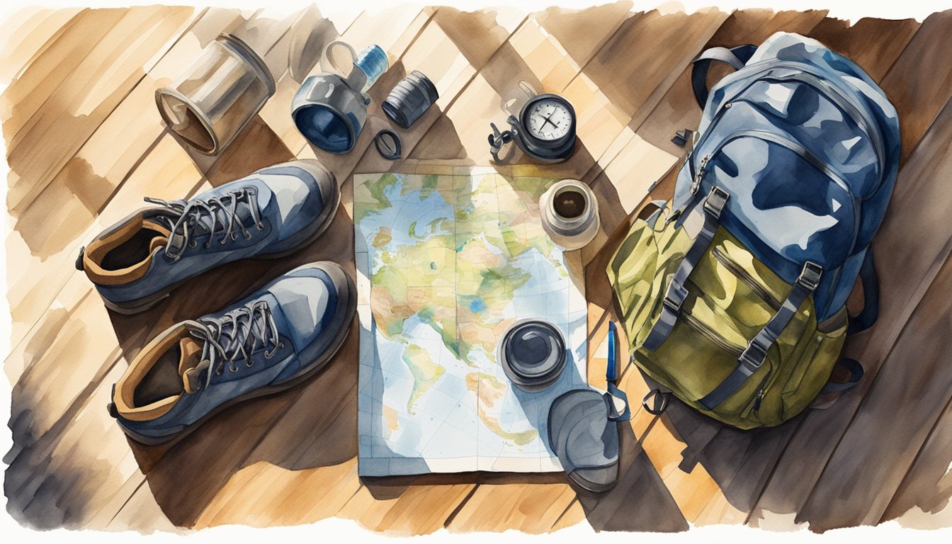 Hiking gear laid out on a wooden floor: boots, backpack, compass, map, and water bottle.</p><p>Sunlight filters through a window, casting shadows