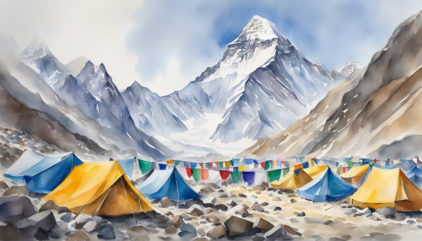 Snow-covered tents surrounded by towering mountains at Everest Base Camp.</p><p>Prayer flags flutter in the wind, as trekkers rest and take in the breathtaking view