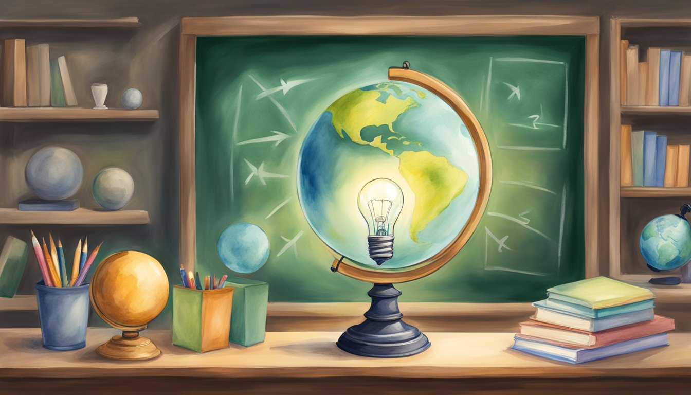 Einstein's theory of relativity illustrated with a chalkboard, a lightbulb, and a globe in a classroom setting