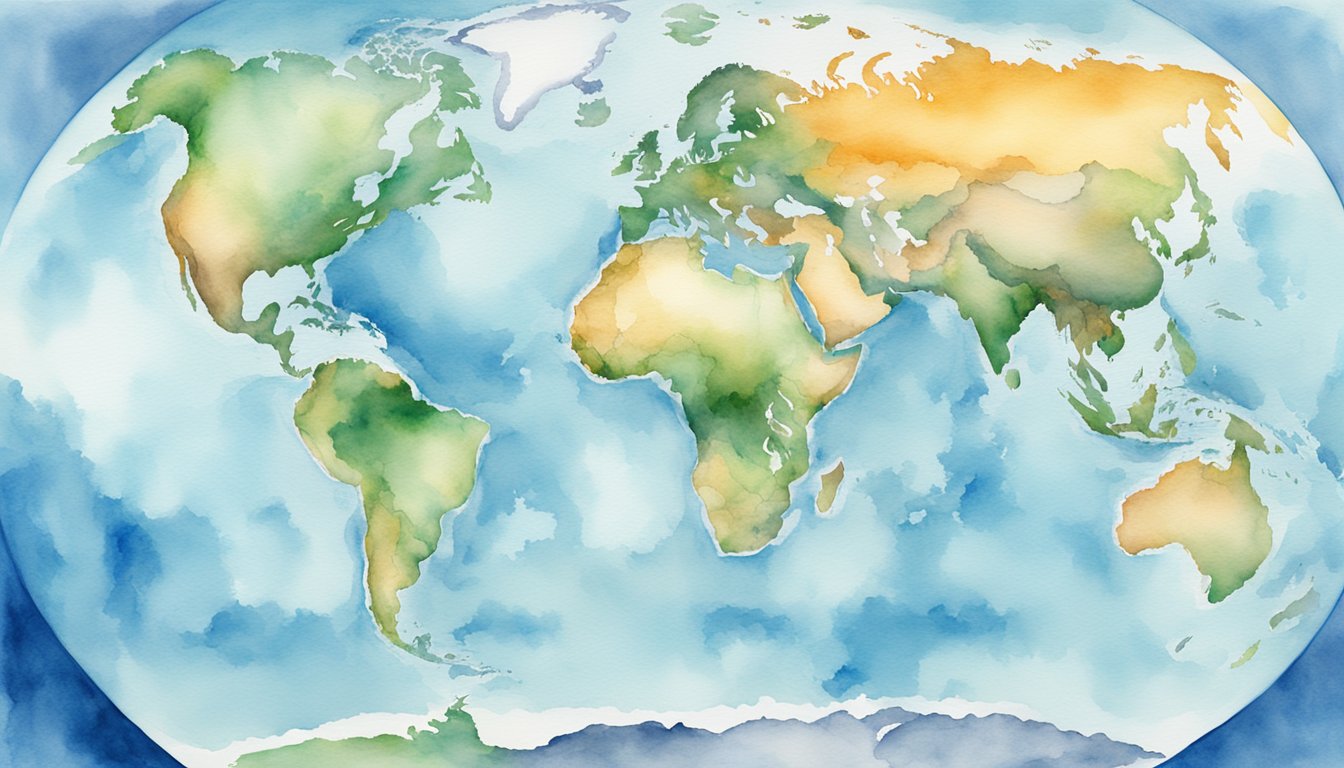 The Earth's continents, including Asia, Africa, North and South America, Antarctica, Europe, and Australia, are depicted on a globe surrounded by vast oceans