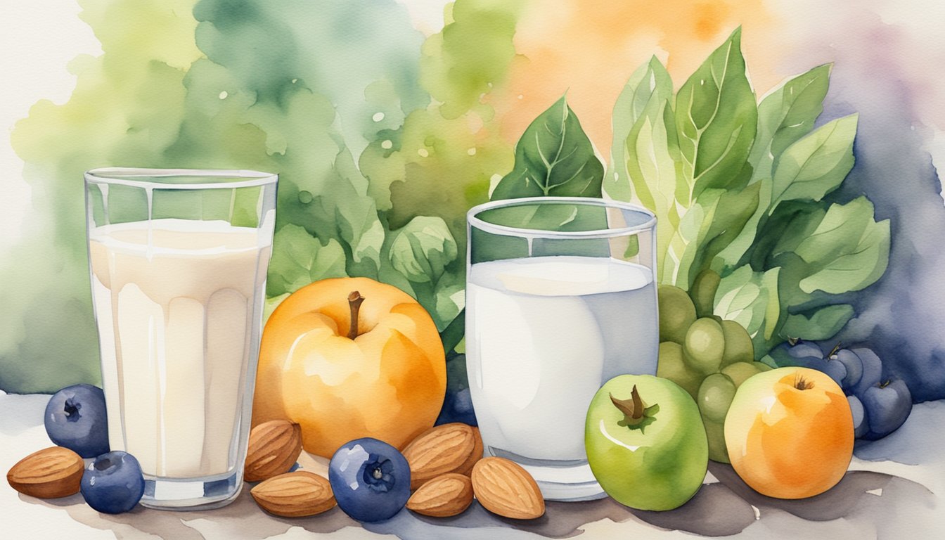 A glass of skim milk sits next to a glass of almond milk, surrounded by various fruits and vegetables, representing health and dietary considerations