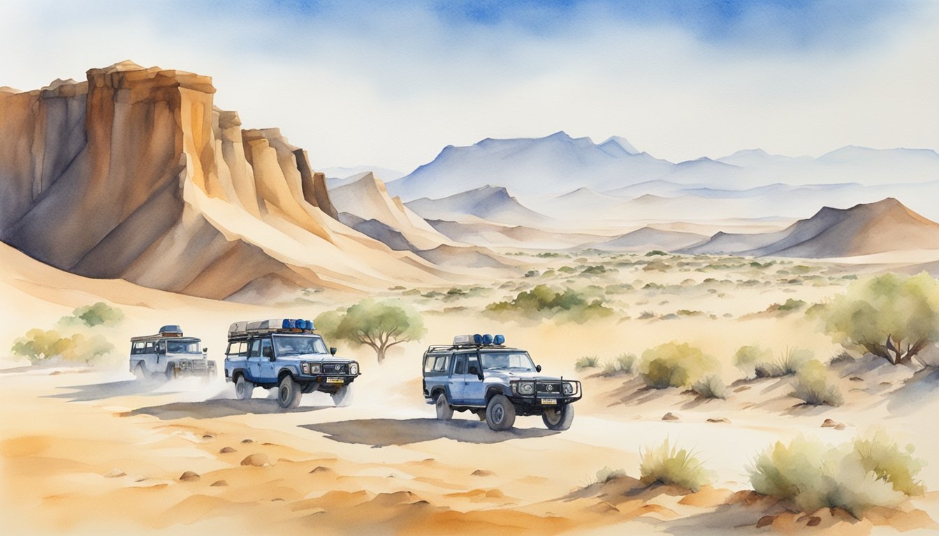 A group of safari vehicles drive through the vast and otherworldly landscapes of Namibia, passing towering sand dunes and rocky canyons, with a clear blue sky overhead