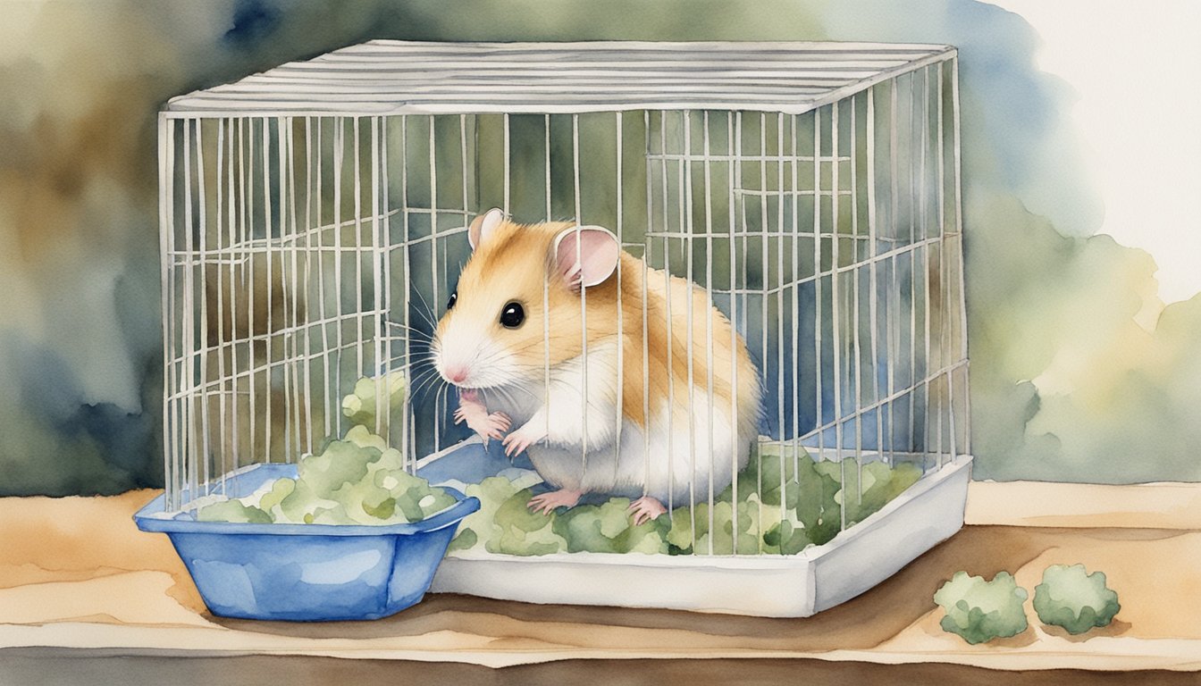 A hamster is being gently held while its cage is being cleaned and fresh bedding is being added.</p><p>The hamster's food and water are being replenished, and it is being given a small treat