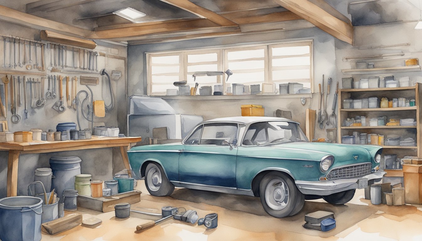 A car parked in a garage with its hood open, tools scattered around, and a mechanic working on the engine