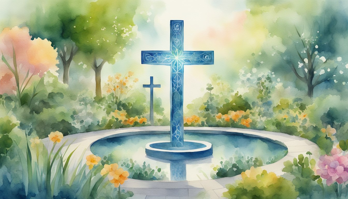 A serene garden with a glowing cross, surrounded by symbols of different religions and cultures