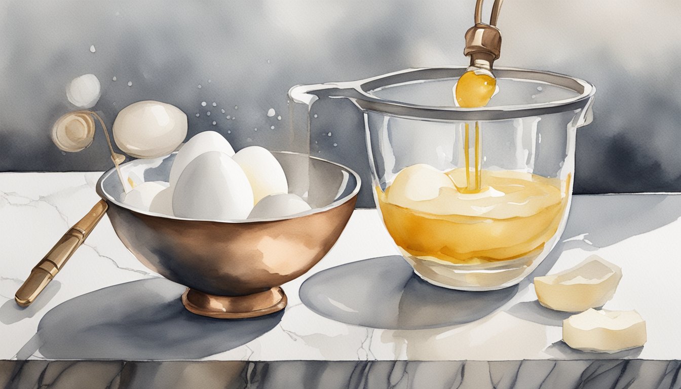 Whisked egg whites in a glass bowl, with a metal whisk and a few drops of vanilla extract, set on a marble countertop next to a copper mixing bowl and a hand mixer