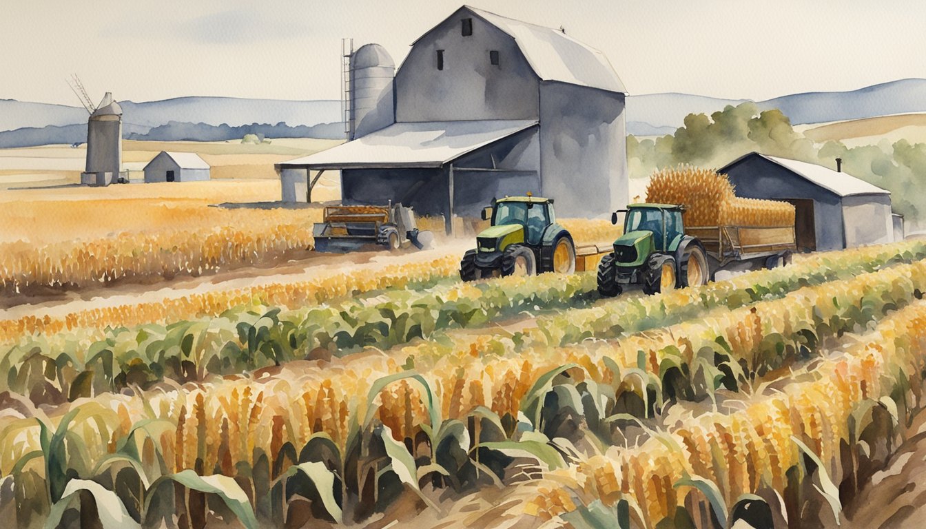 A field of ripe corn stalks stretches to the horizon, with a farmhouse and silo in the background.</p><p>A tractor and workers are harvesting the corn, while others load it onto a truck for transport