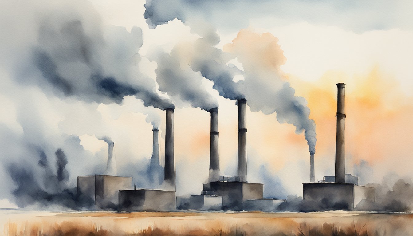 Smokestacks emitting greenhouse gases into the atmosphere, causing air pollution and contributing to climate change