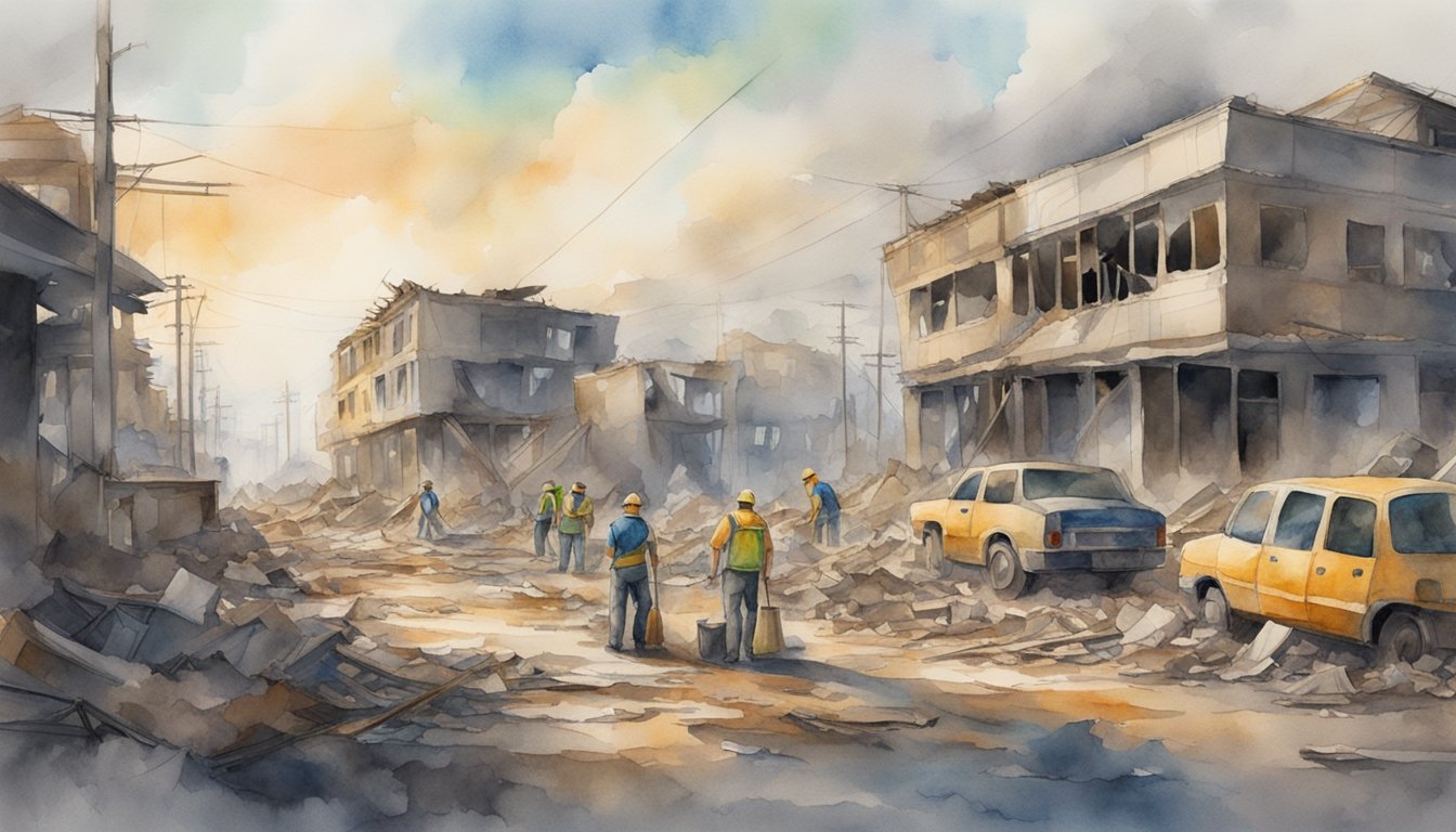 The aftermath of a devastating natural disaster, with destroyed buildings and infrastructure, and people working together to clean up and rebuild