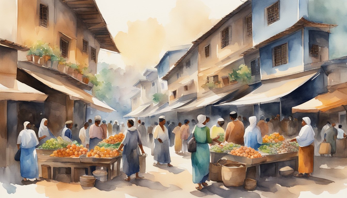 A bustling marketplace with diverse goods and people exchanging currency.</p><p>Rich cultural symbols adorn the surroundings, reflecting the area's economic significance