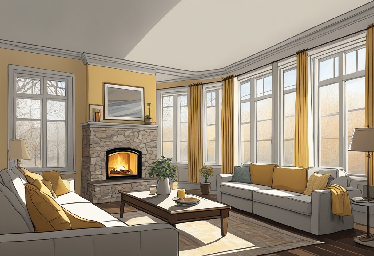 Sunlight streaming through insulated windows warms the cozy sunroom in winter. A space heater hums in the corner, while thick curtains block drafts