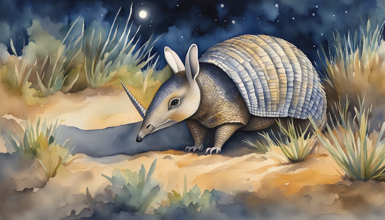 An armadillo emerges from its burrow at night, foraging for food under the moonlight