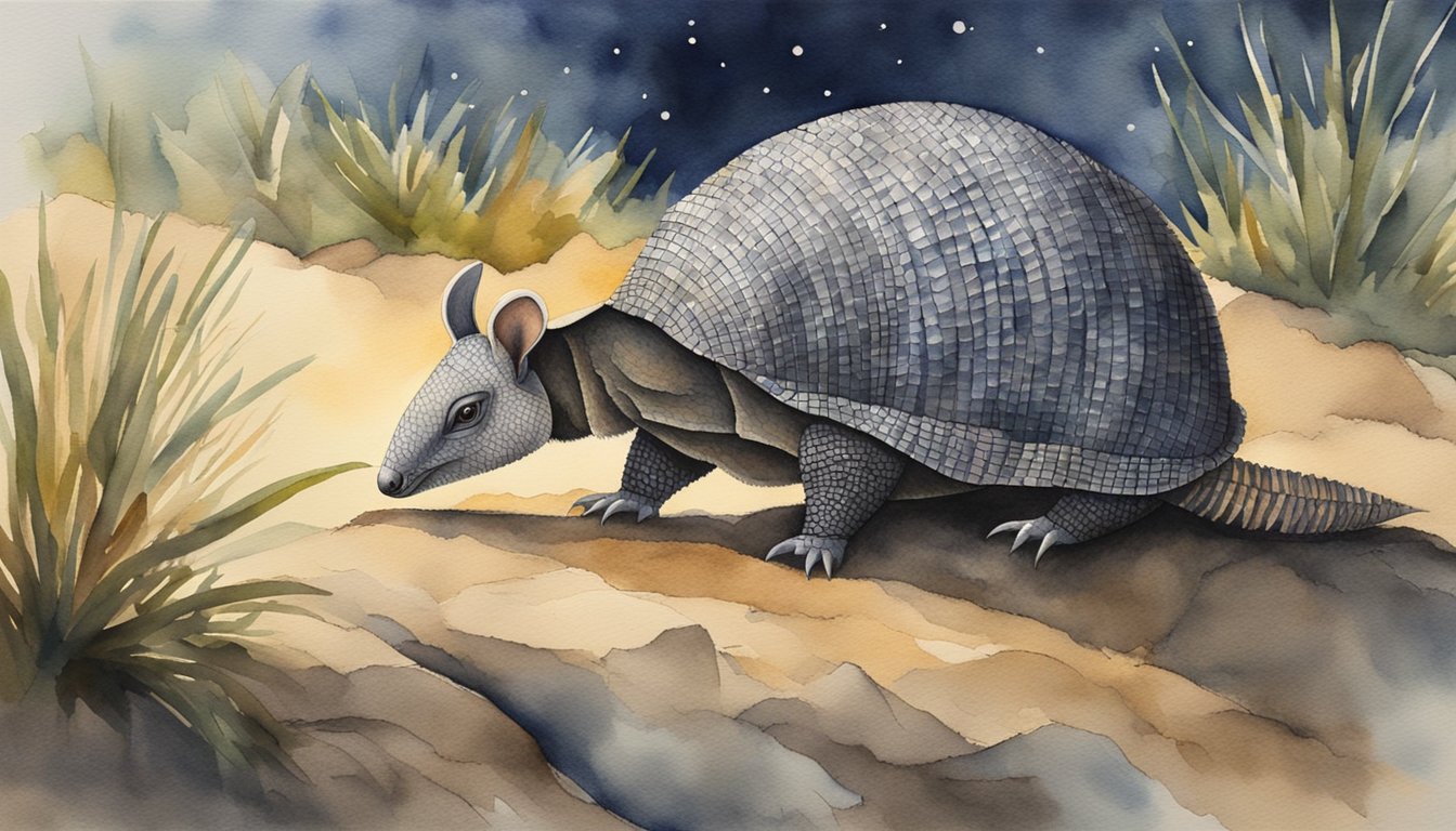 An armadillo emerges from its burrow at night, its armored body blending into the dark habitat.</p><p>The creature's sharp claws and keen sense of smell help it navigate the nocturnal landscape