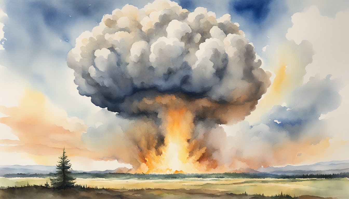 A massive explosion engulfs the landscape, leaving behind a crater and a mushroom cloud that stretches into the sky, symbolizing the destructive power and lasting impact of the Tsar Bomba