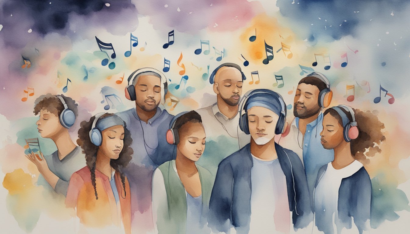 A diverse group of people listening to music, showing different emotional reactions.</p><p>A brain with musical notes floating around, representing the impact of music on the mind