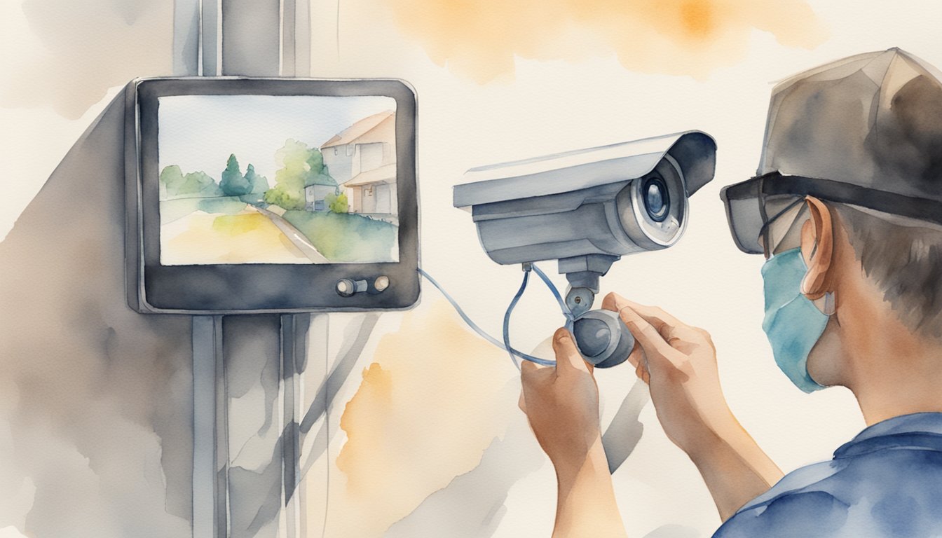 A person mounts a wired security camera on a wall and connects it to a monitor