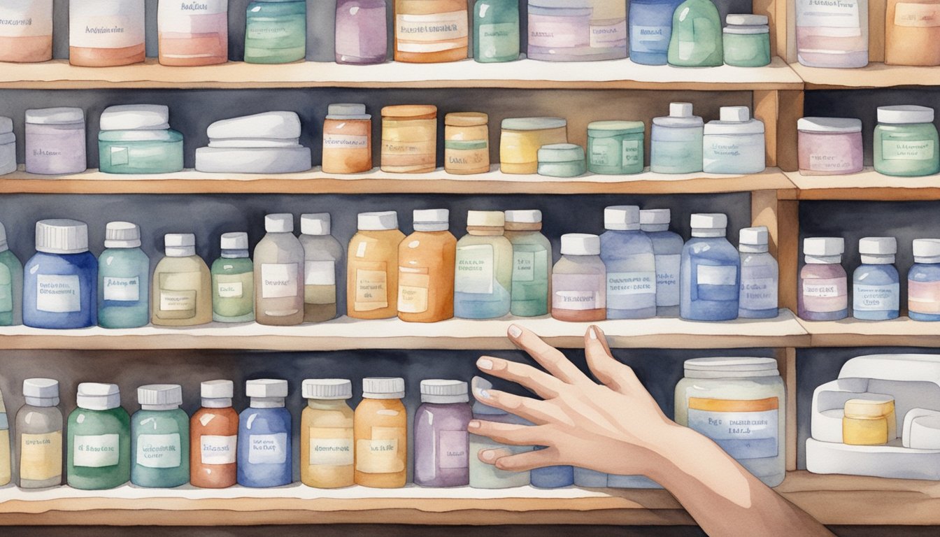 A hand reaches for antibiotics on a pharmacy shelf, while warning labels and potential side effects are displayed nearby