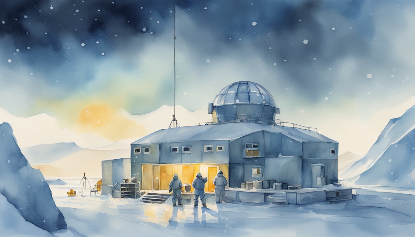 A research station in Antarctica, surrounded by icy terrain and harsh weather conditions.</p><p>Scientists in protective gear conducting experiments