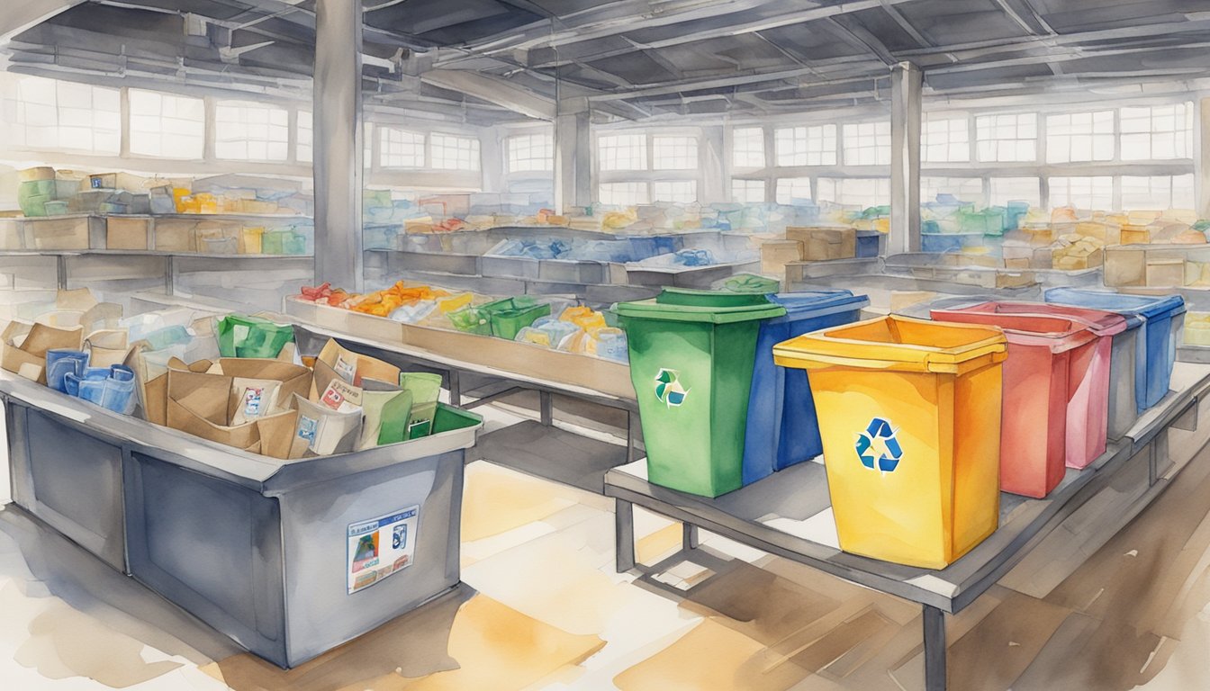 Various recyclable items sorted into labeled bins, with a conveyor belt transporting them to a recycling machine.</p><p>Bright colors and clear signage indicate different materials