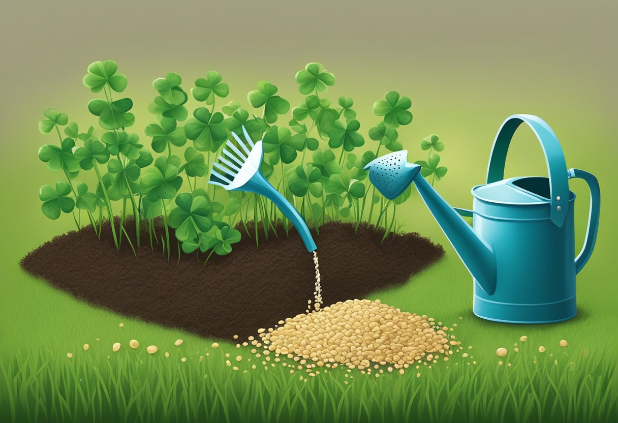 Clover seeds sprinkled over grass, soil tilled with a rake, and watered with a watering can
