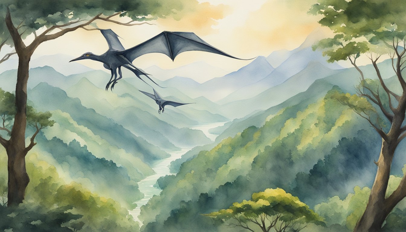 Pterodactyls soar through prehistoric skies, their wings outstretched and sharp beaks poised for hunting.</p><p>A lush, primeval landscape stretches below, with towering trees and distant mountains